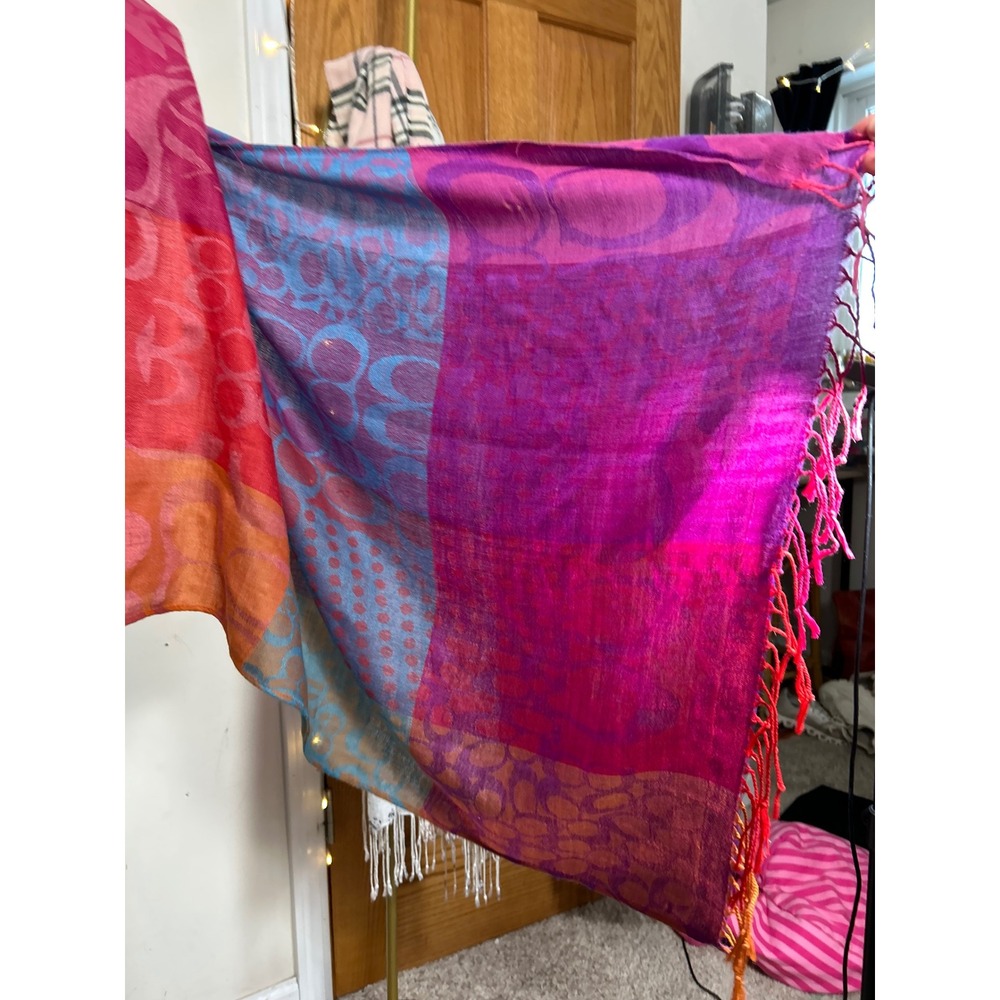 Y2K Coach Patchwork Signature Logo Scarf Purple Pink Orange Blue Fringe Jacquard - Picture 5 of 9